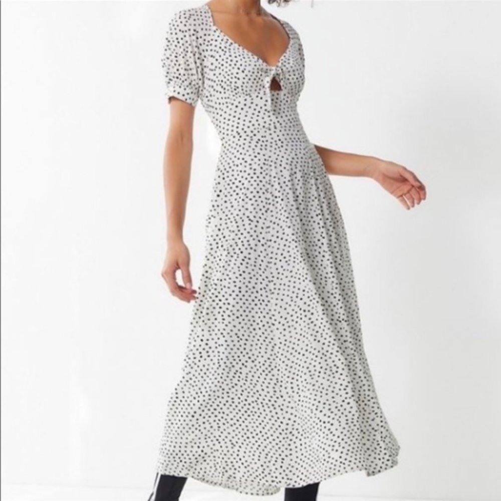UO Devin Polka Dot Tie-Front Midi Dress